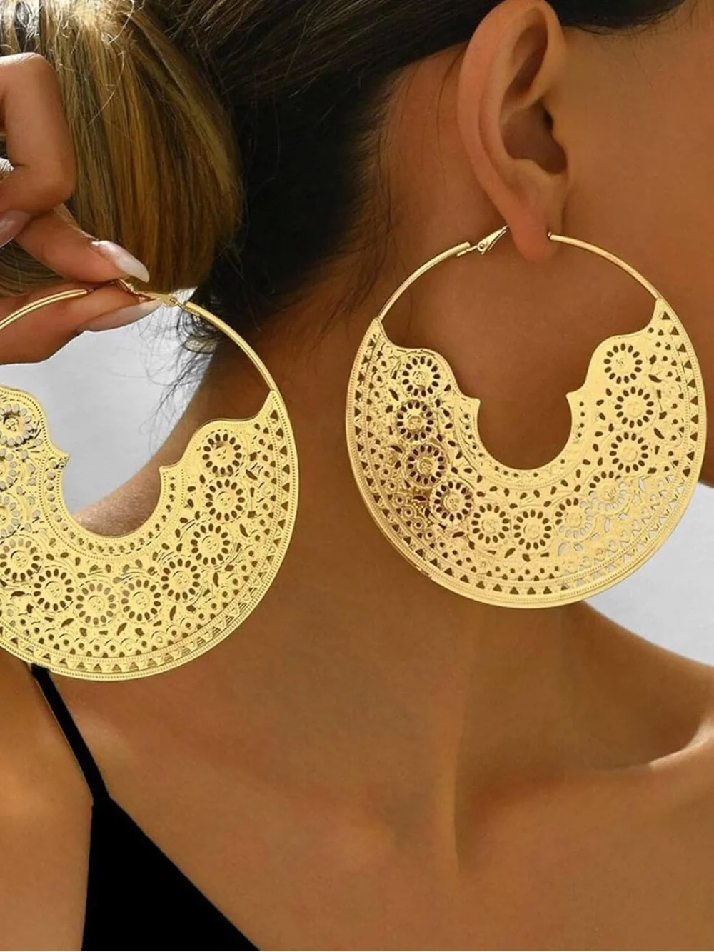 Gold color Filigree Large Hoop Earrings - Elegant Women's Jewelry